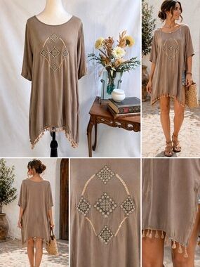 Umgee Clay Embroidered Tassel Hem Tunic Dress Asymmetrical Boho Sz S💚